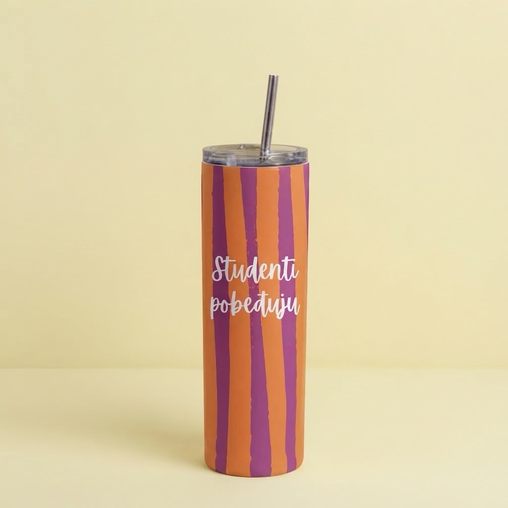 Narandžasto-ljubičasti prugasti tumbler sa slamčicom i natpisom Studenti pobeđuju